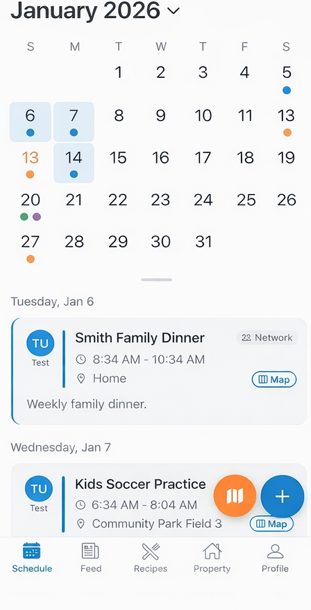 Family calendar view showing color-coded events for different family members