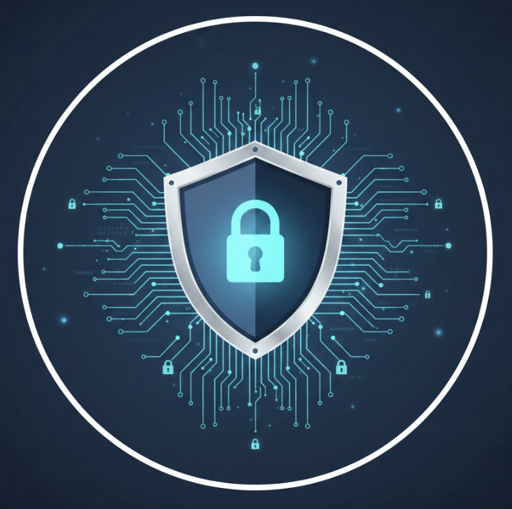 Security shield with lock icon and encrypted data visualization