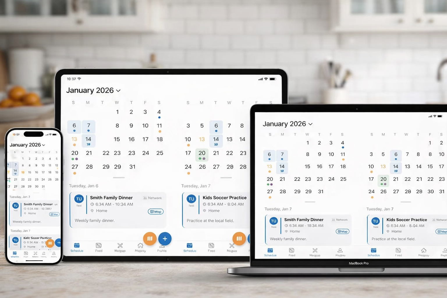 Multiple devices showing ClanCal - iPhone, iPad, and laptop with synchronized calendar view