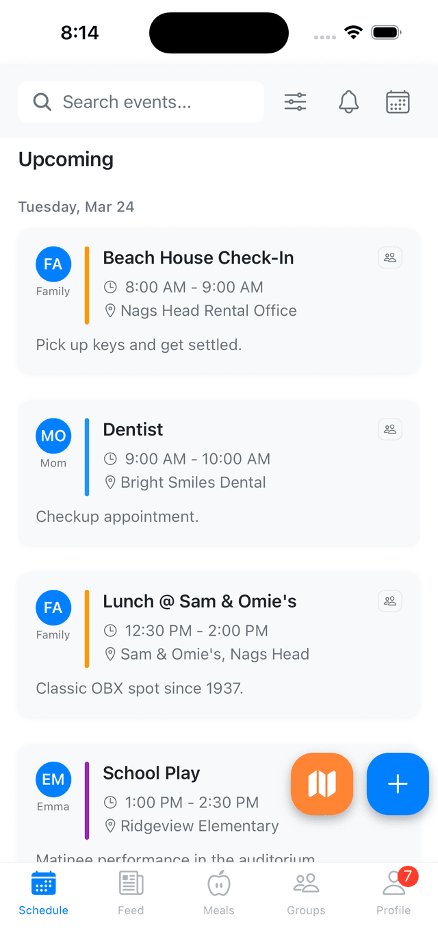 ClanCal app showing an OBX Beach Week trip with events like Beach House Check-In, Lunch at Sam and Omie's, Jockey's Ridge Sunset Hike, and Bonfire on the Beach